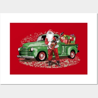 Guitar Santa Claus with Rat Rod Chevy Truck full of Presents Posters and Art